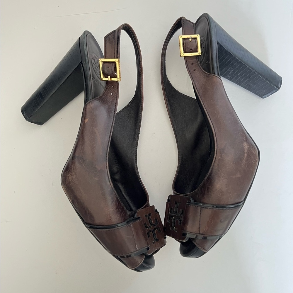 Tory Burch Brown Open Toe Slingback Wood Heel Size 8 Medium - Picture 3 of 9